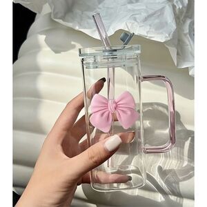 Glass Cup Pink Bow And Straw